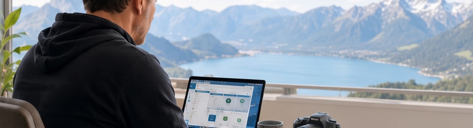 Working remotely with a mountain lake view